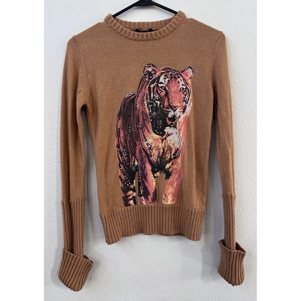 BCBG Max Azria Vintage Camel Tiger Sweater Rhinestones Size M